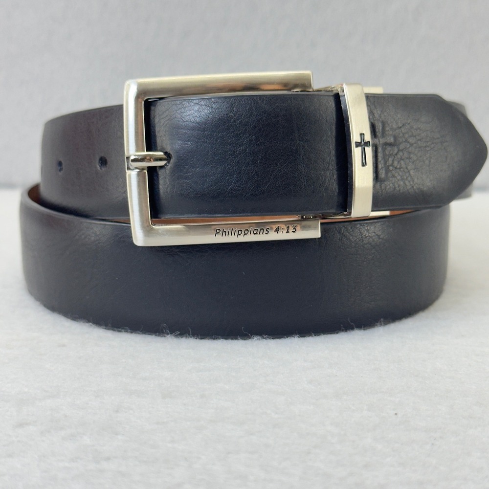 NEW Philippians 4:13 Reversible Black Bonded‎ Leather Belt Silver Buckle Sz 36